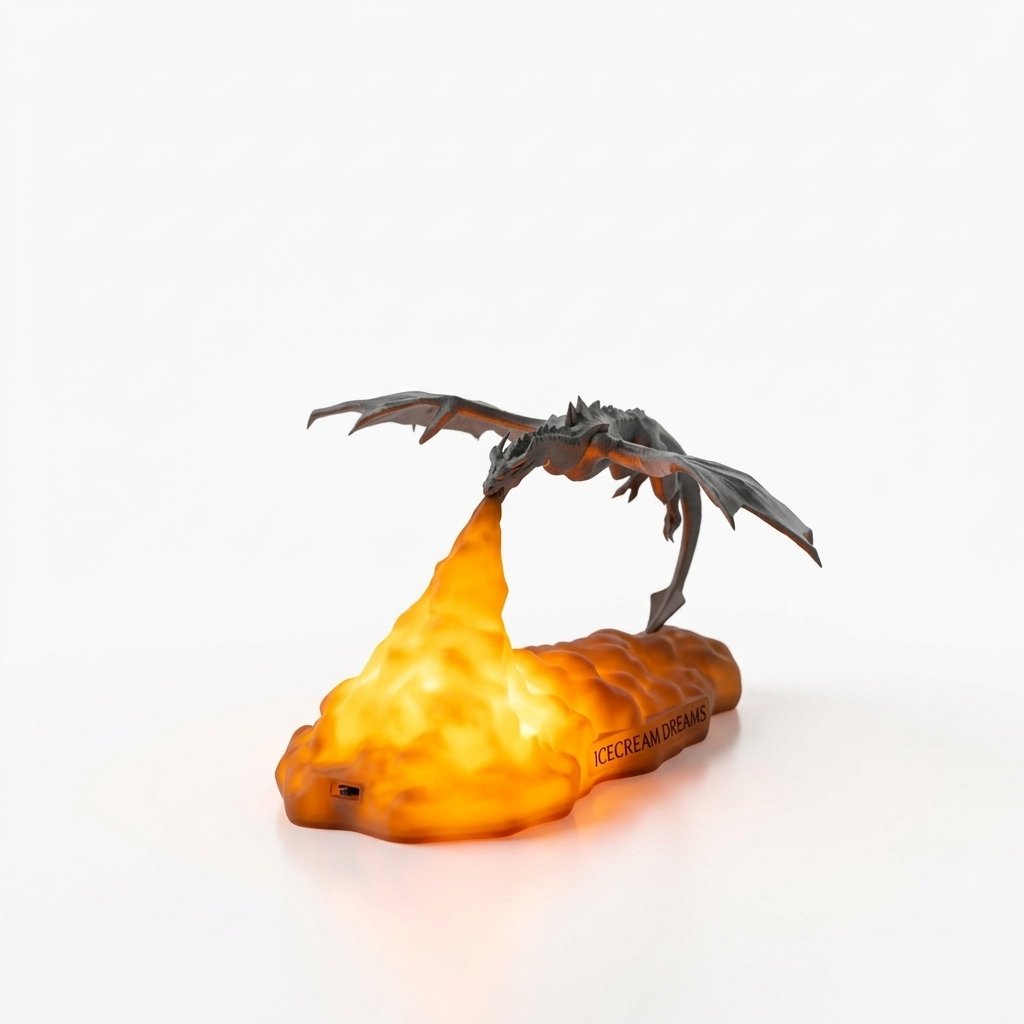 3D Printed Dragon Night Light with LED Fire Glow Base – Tabletop Room Decoration