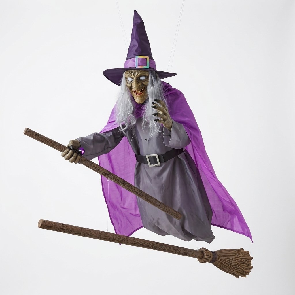 6-Foot Flying Witch Halloween Yard Decoration with Floating Broomstick Effect and Lifelike Face