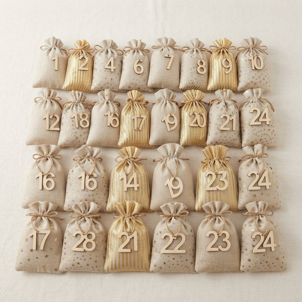 Advent Calendar Fabric Bags Set with Wooden Numbers, 24 Bags