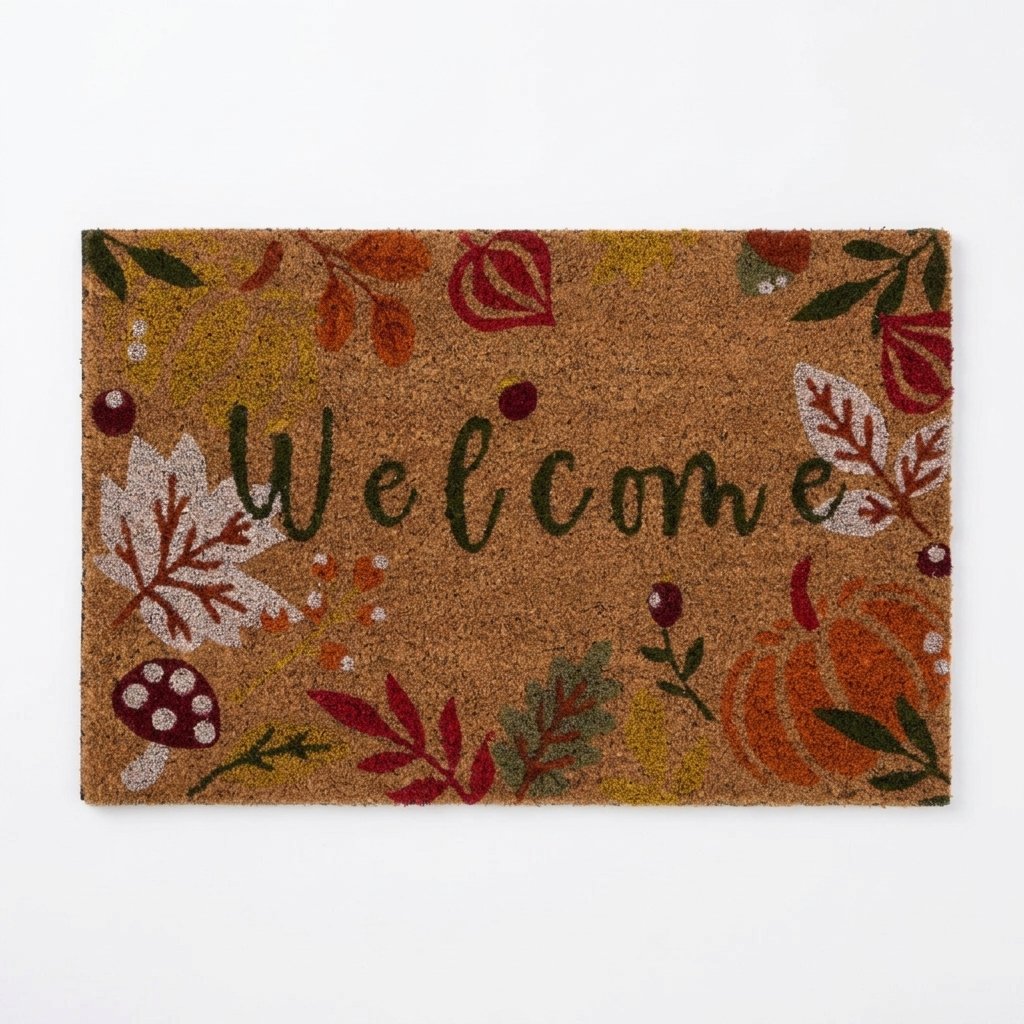 Autumnal Welcome Coir Doormat with Leaves, Pumpkins and Mushroom Print