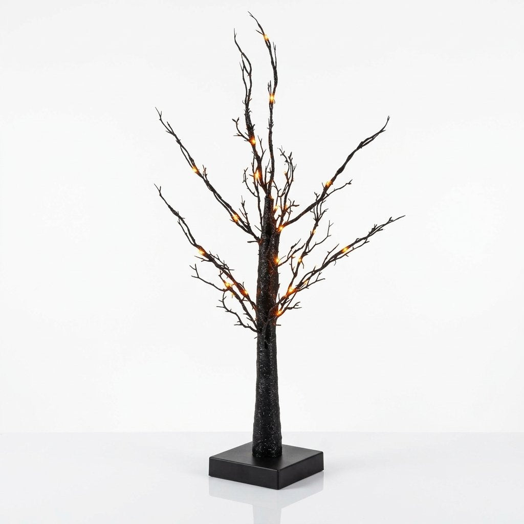 Black Glitter Halloween Tree with 40 Orange LED Lights and Built-in Timer, 60 cm