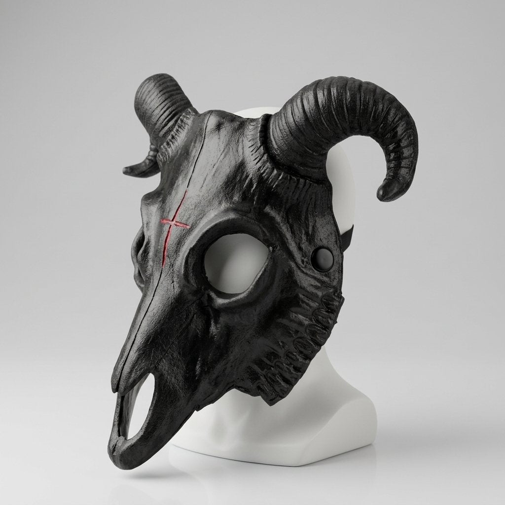 Black Ram Skull Mask with Curved Horns and Red Cross Detail