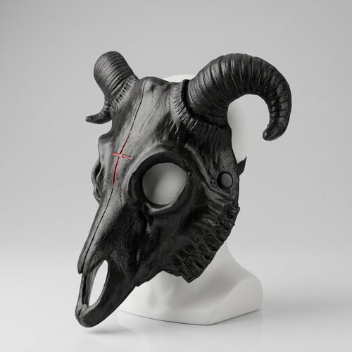 Black Ram Skull Mask with Curved Horns and Red Cross Detail