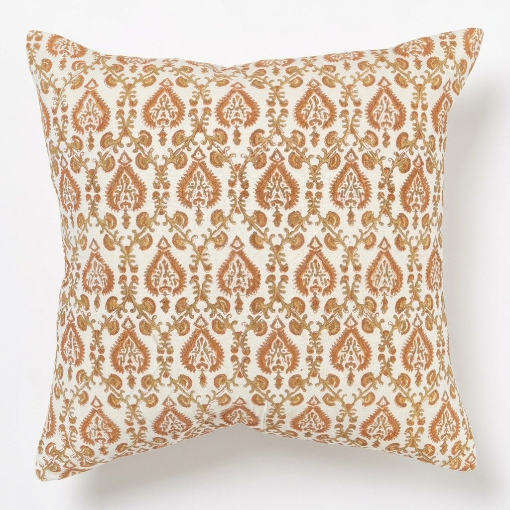 Block Print Cotton Cushion Cover, Ochre Paisley, 24x24 in