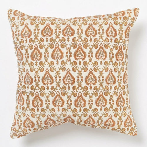 Block Print Cotton Cushion Cover, Ochre Paisley, 24x24 in