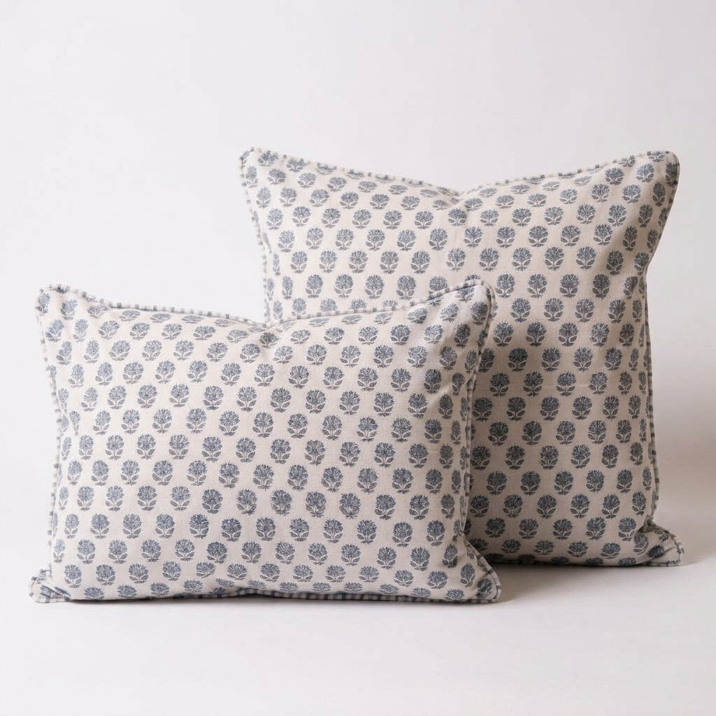 Block Print Cotton Cushion with Feather Pad, 2 Sizes