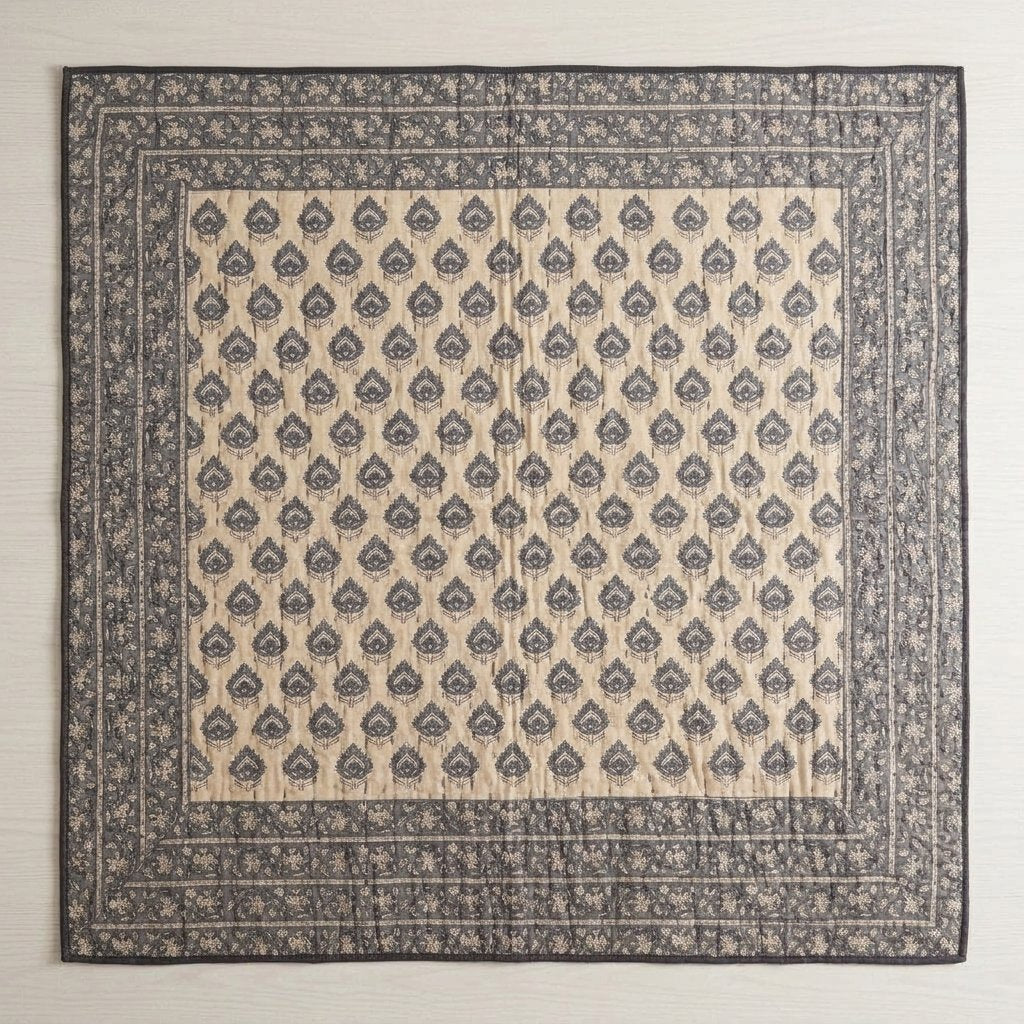 Block-Print Kantha Bedspread, Dark Blue & Cream