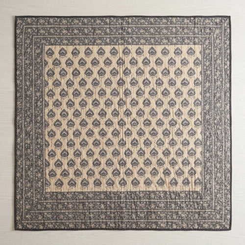 Block-Print Kantha Bedspread, Dark Blue & Cream