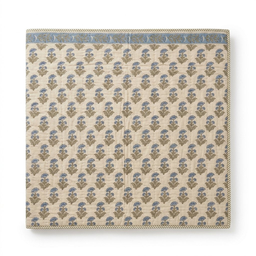 Block-Print Kantha Bedspread, Dusty Blue Floral