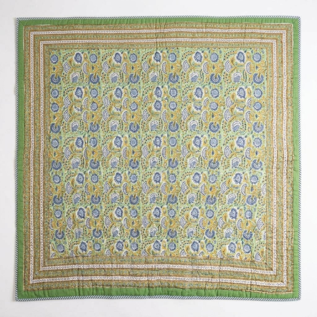 Block Print Quilted Bedspread, Green & Blue Floral