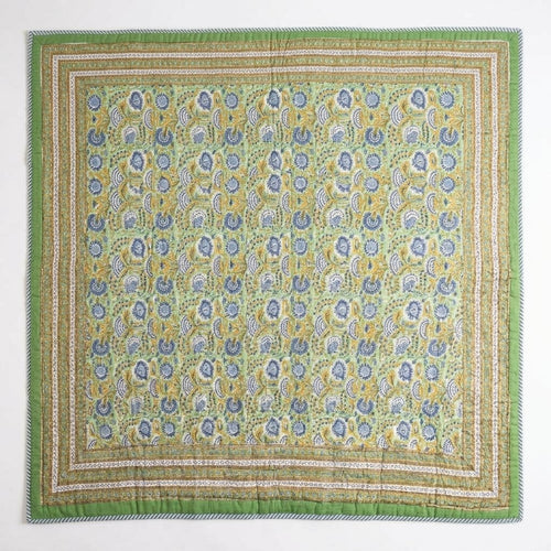 Block Print Quilted Bedspread, Green & Blue Floral