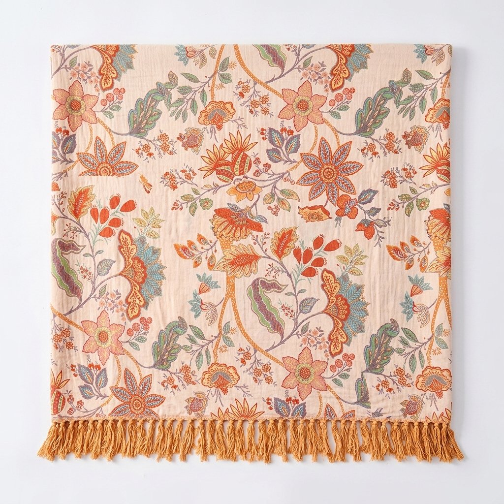 Boho Floral Tassel Throw Blanket – Woven Cotton Blend