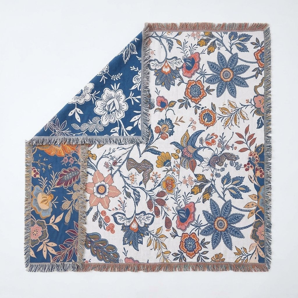 Boho Floral Throw Blanket with Fringe, Cotton-Polyester Blend