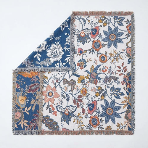 Boho Floral Throw Blanket with Fringe, Cotton-Polyester Blend