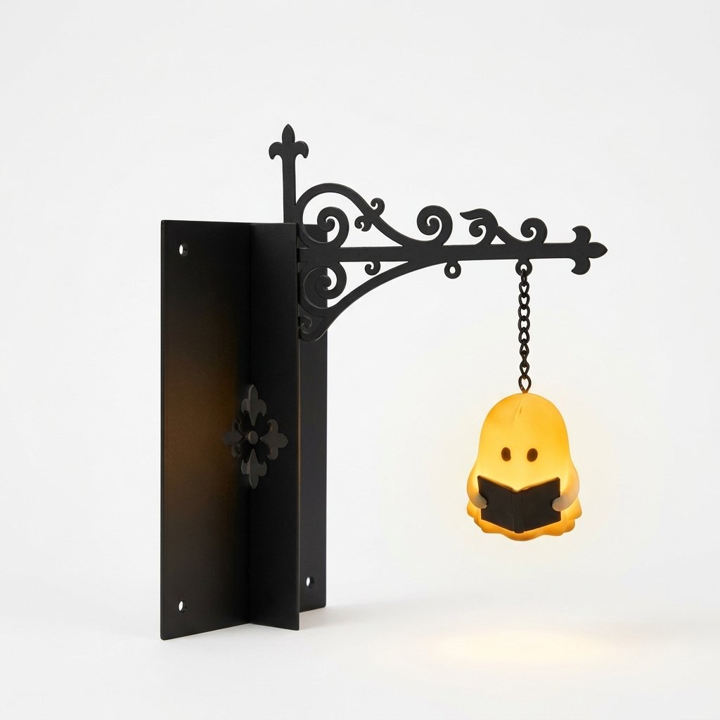 Bookshelf Hanging Lantern with Ghost Figure and Decorative Metal Bracket