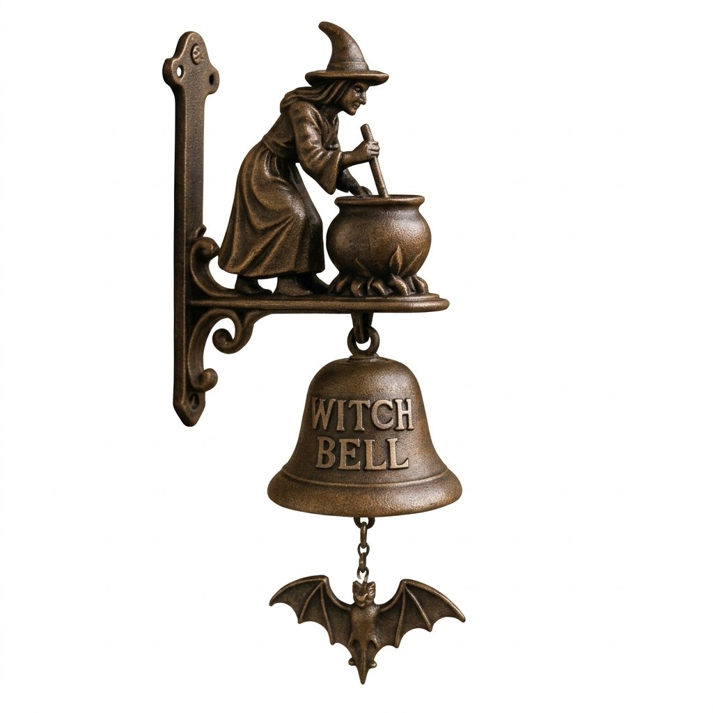 Cast Iron Witch Bell Wall Bracket – Decorative Door Bell with Bat Clapper