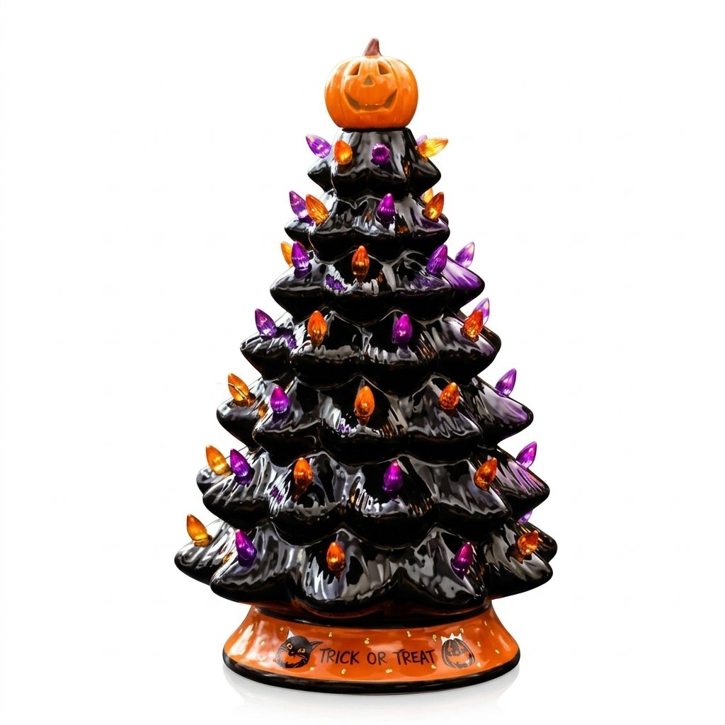Ceramic Halloween Holiday Tree with Glowing LED Lights and Pumpkin Topper