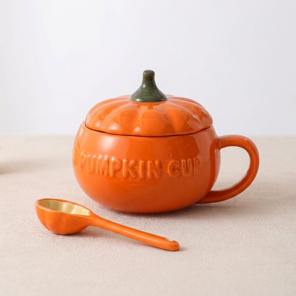Ceramic Pumpkin Mug with Lid and Spoon – Seasonal Novelty Cup for Hot and Cold Drinks