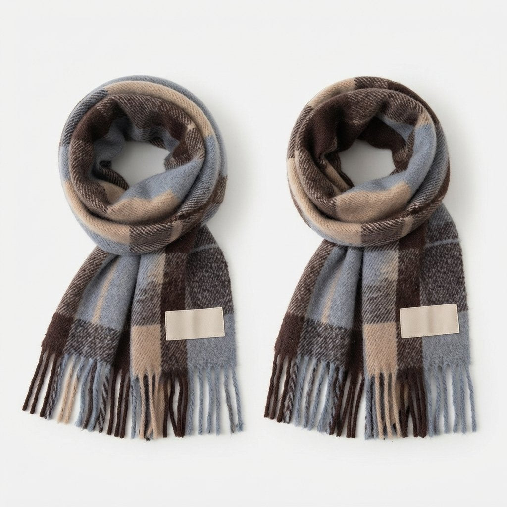 Check Winter Scarf with Fringed Edges
