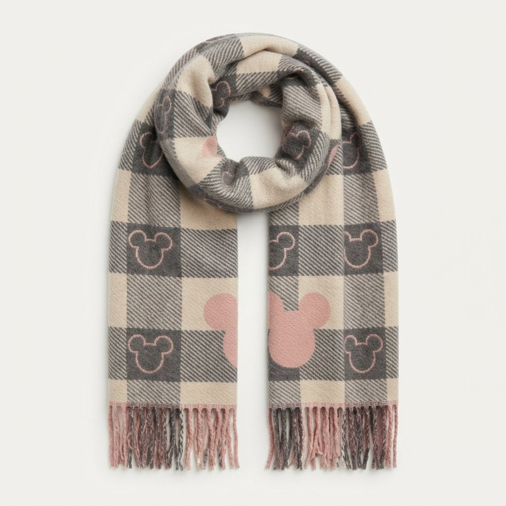 Checked Winter Scarf with Motif Print and Tassels