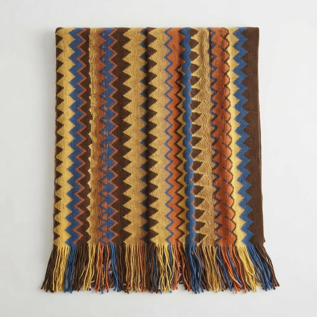 Chevron Knit Throw Blanket with Fringe, Boho Pattern