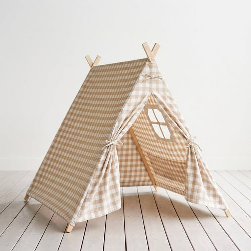 Children's A-Frame Play Tent in Beige Gingham Canvas