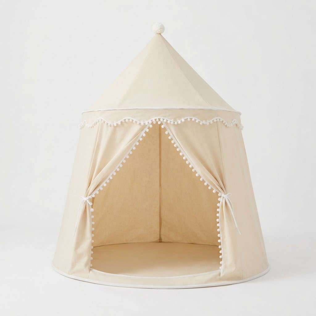 Children's Castle Play Tent with Pom-Pom Trim, Beige
