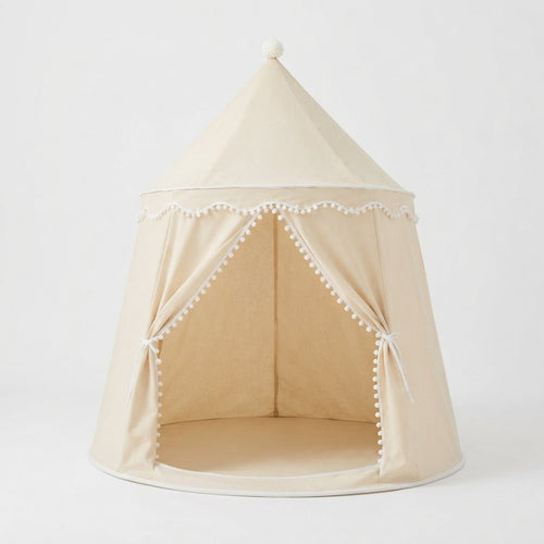 Children's Castle Play Tent with Pom-Pom Trim, Beige