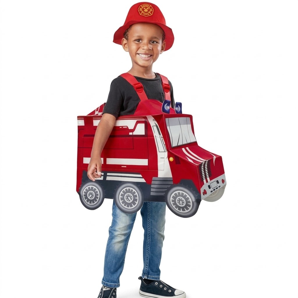 Children's Fire Engine Dress-Up Costume with Firefighter Hat, Reflective Stripes and Badge