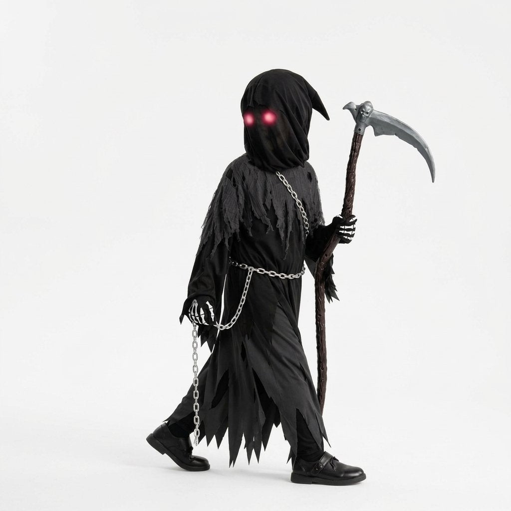 Children's Grim Reaper Halloween Costume Set with Glowing Red Eyes and Toy Scythe
