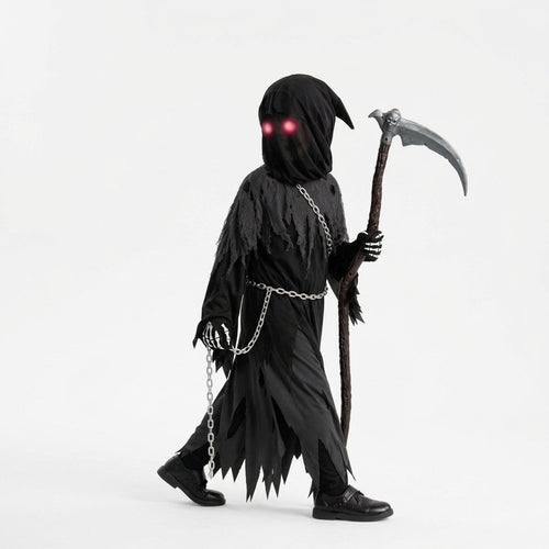 Children's Grim Reaper Halloween Costume Set with Glowing Red Eyes and Toy Scythe