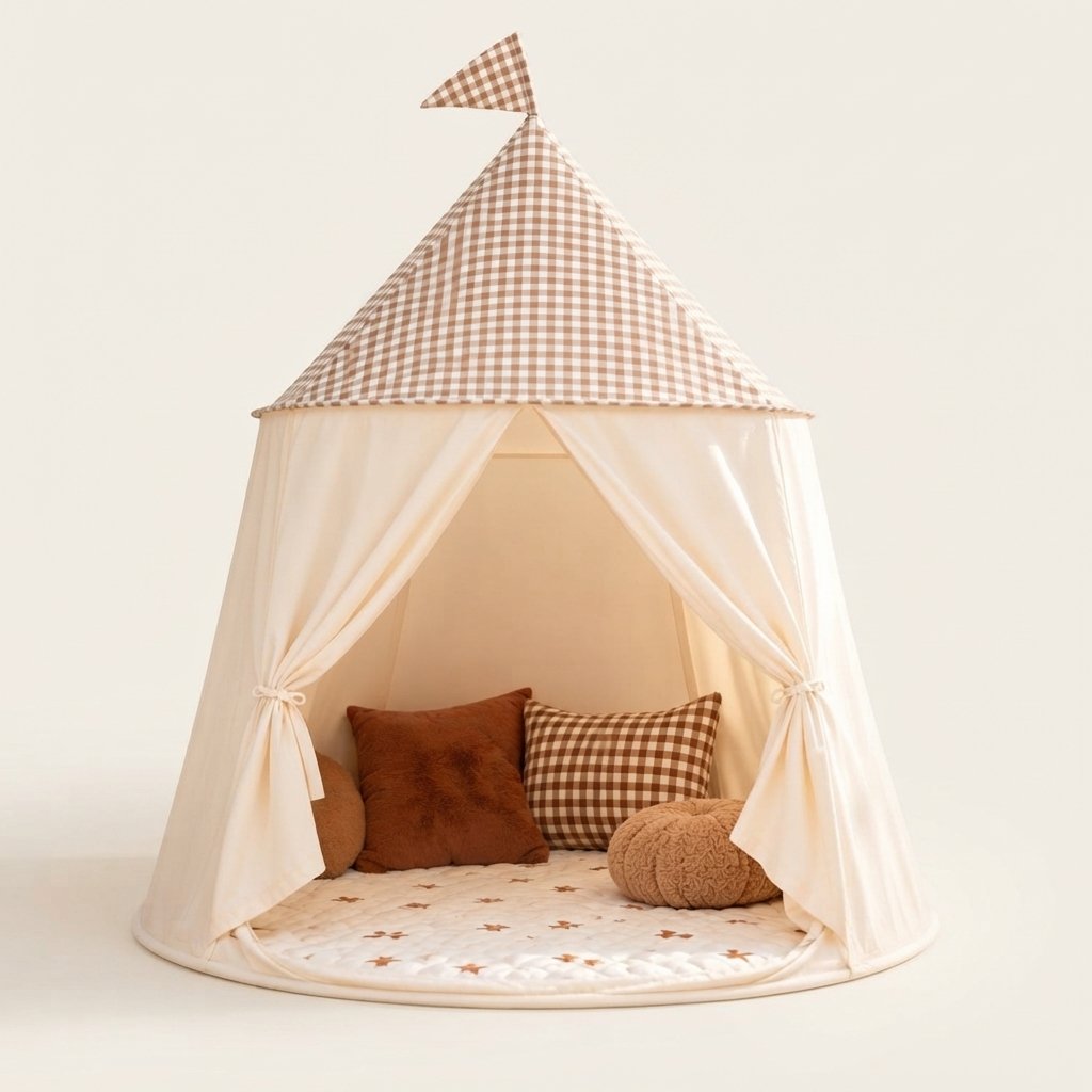 Children's Pop-Up Play Tent with Gingham Roof and Flag