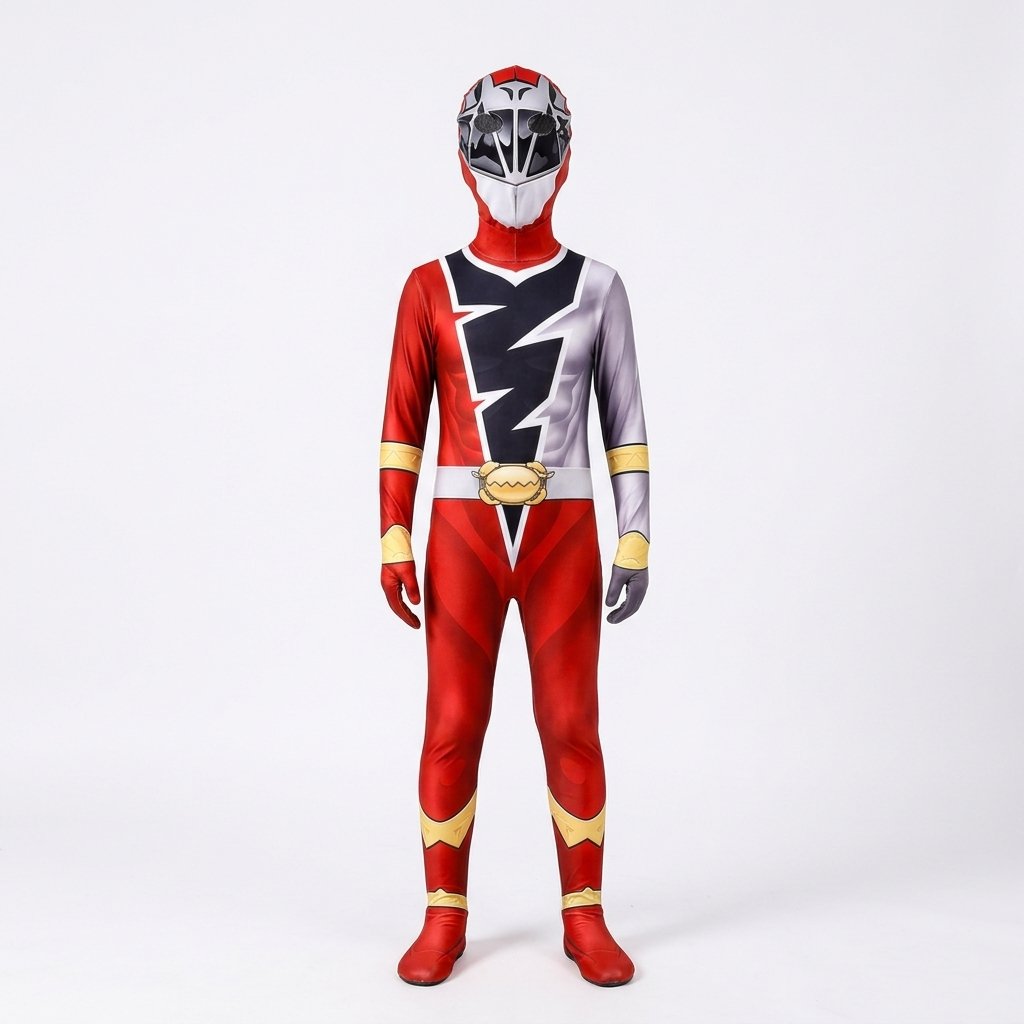 Children's Superhero Lightning Bolt Full-Body Jumpsuit Costume with Integrated Hood Mask, Gloves and Feet