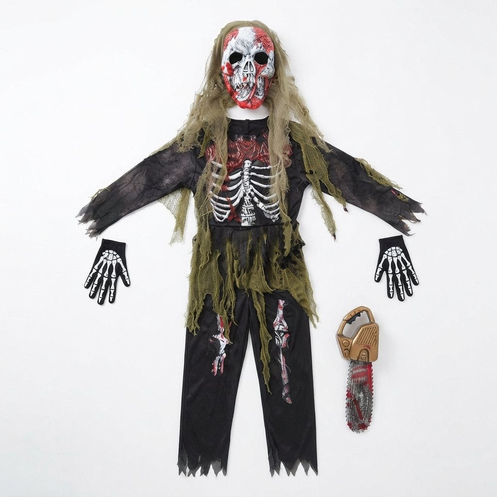 Children's Zombie Skeleton Halloween Costume Set with Skull Mask and Skeleton Gloves