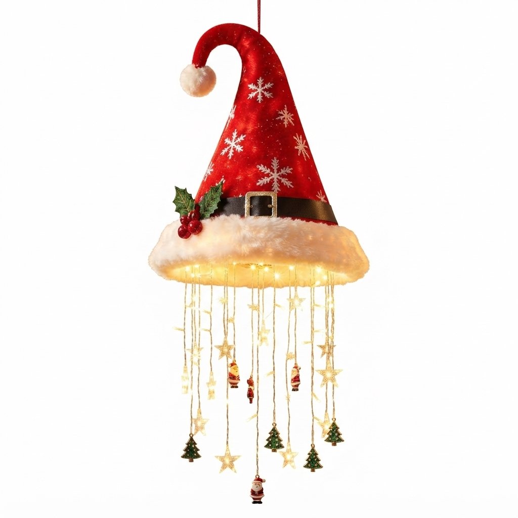 Christmas Santa Hat Hanging Light Chandelier with LED Tassels
