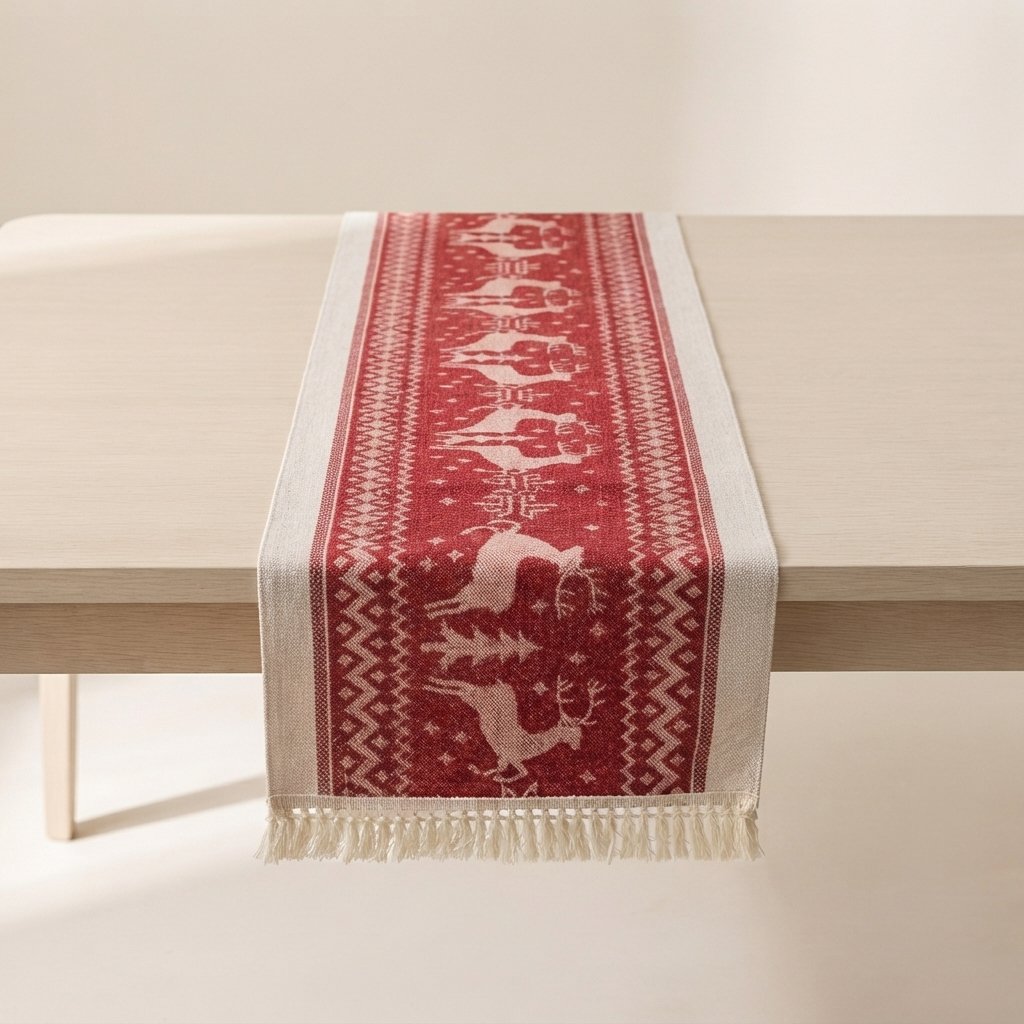 Christmas Table Runner with Reindeer and Tassel Edges