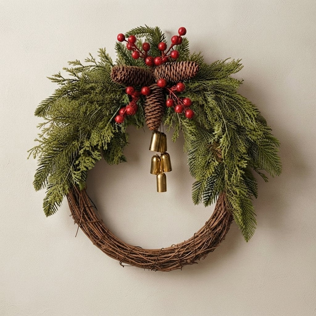 Christmas Wreath with Pinecones, Berries & Golden Bells