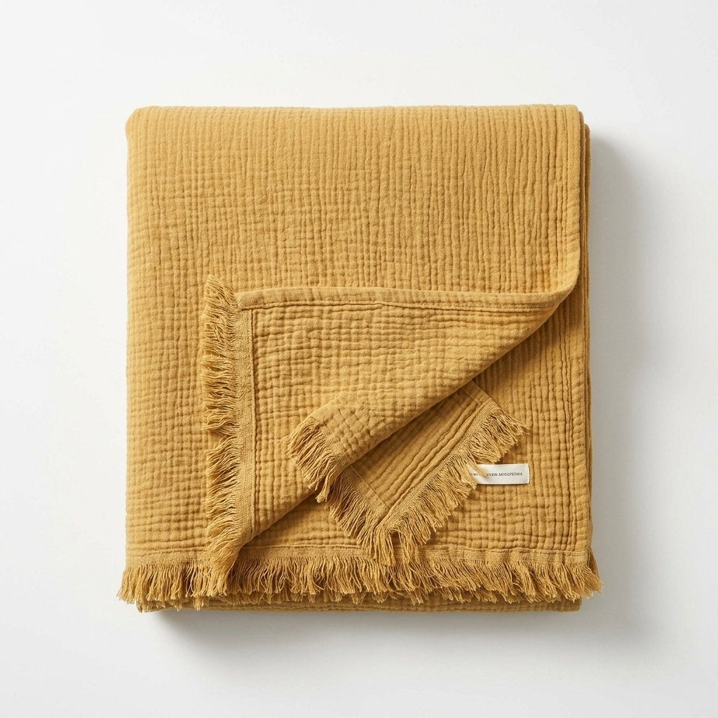 Cotton Crinkle Throw with Tassels, 100% Cotton