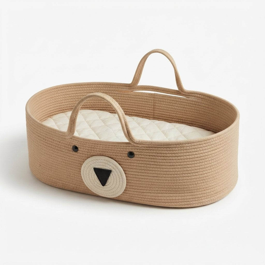Cotton Rope Moses Basket with Bear Detail and Handles