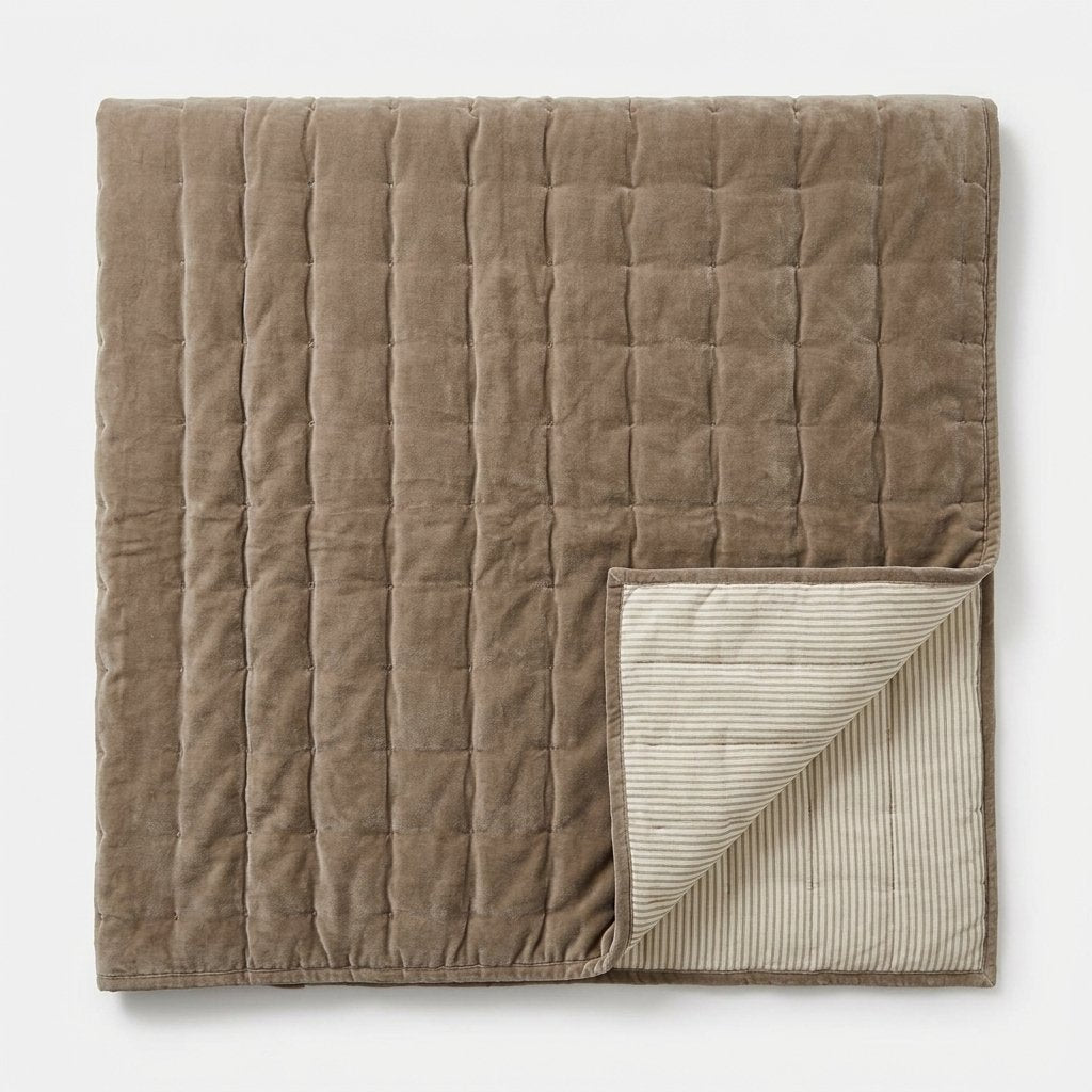 Cotton Velvet Bedspread with Pinstripe Reverse, Taupe