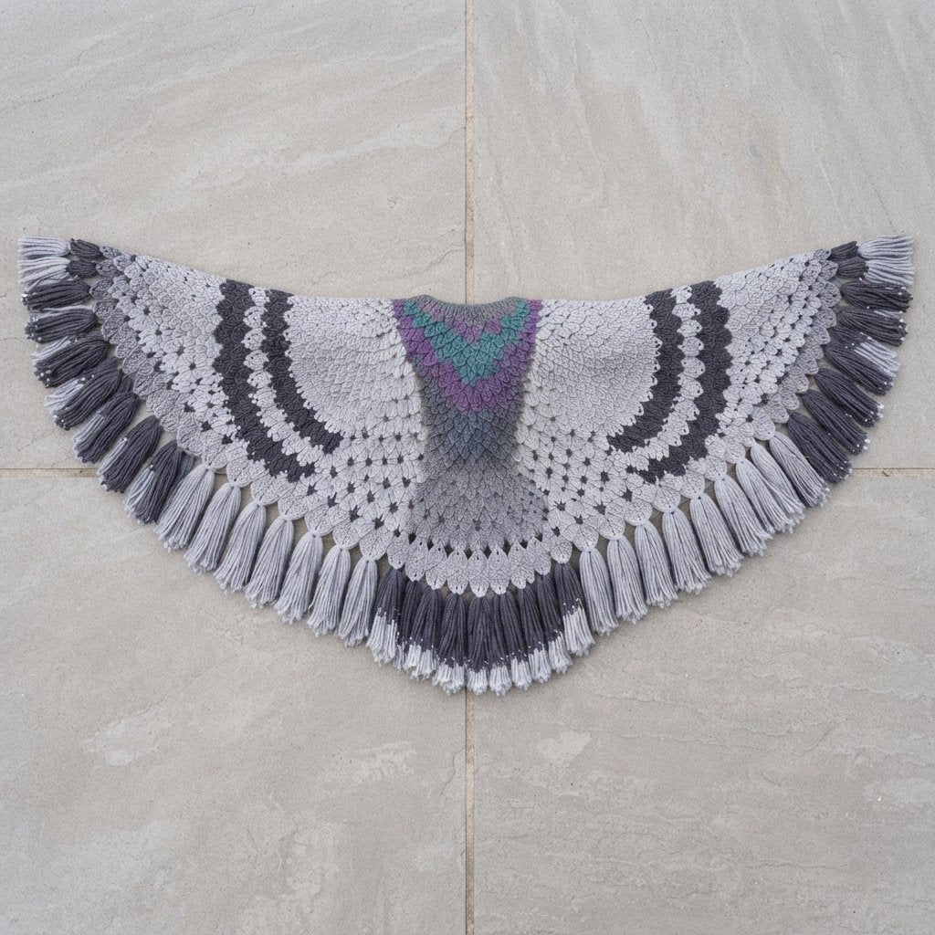 Crochet Wing Shawl with Tassels, Pigeon Feather Design