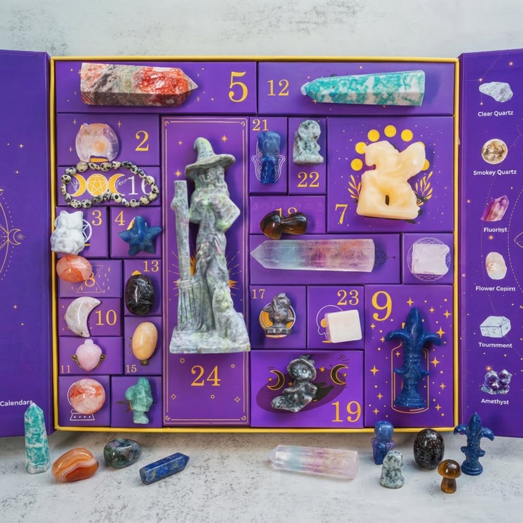 Crystal Advent Calendar with 24 Gemstones, Carved Figurines and Zodiac Reference Charts