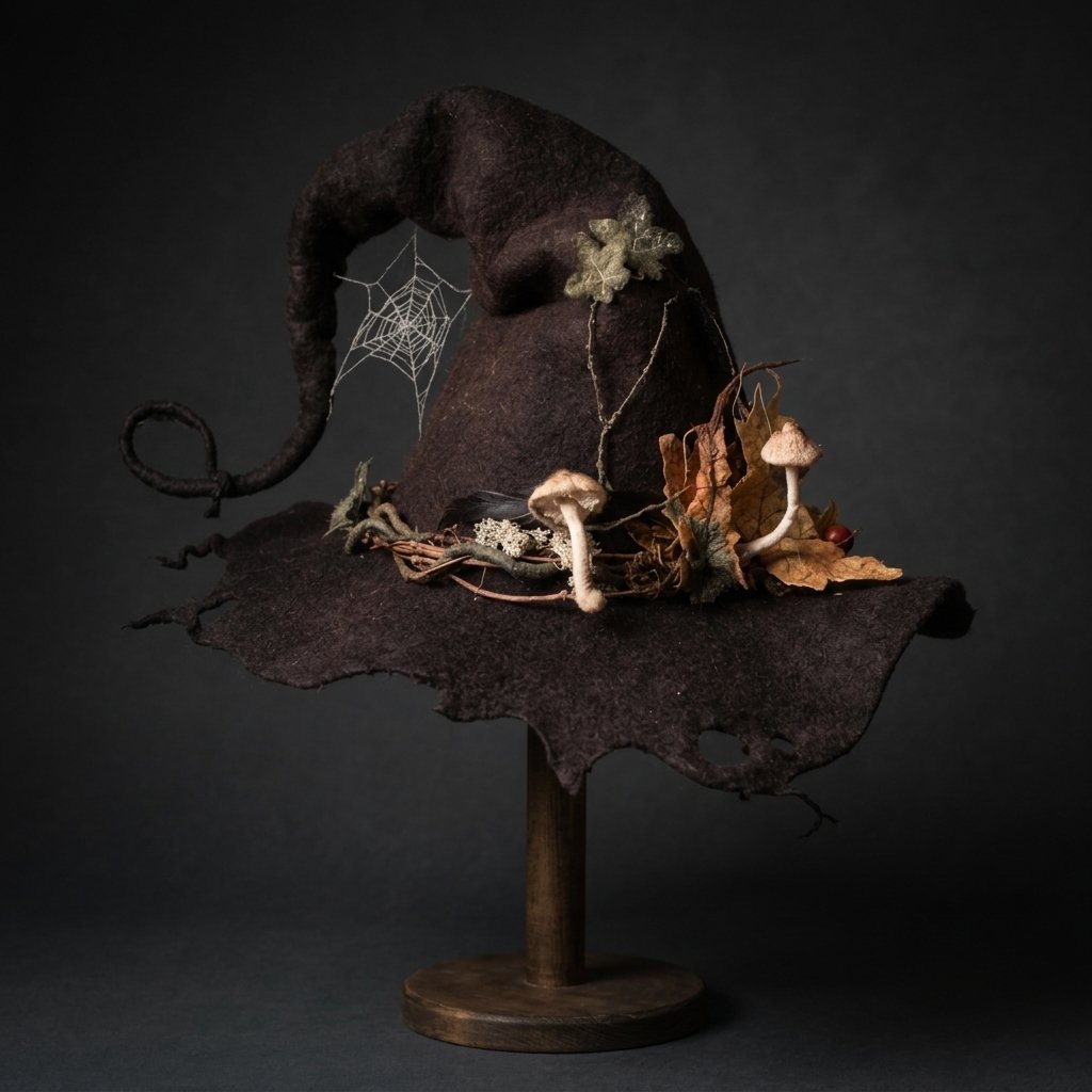 Decorated Witch Hat with Felted Wool, Forest Embellishments and Whimsical Curled Tip