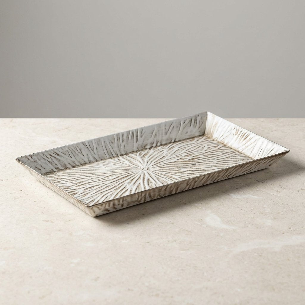 Embossed Iron Decorative Tray, Whitewashed Finish