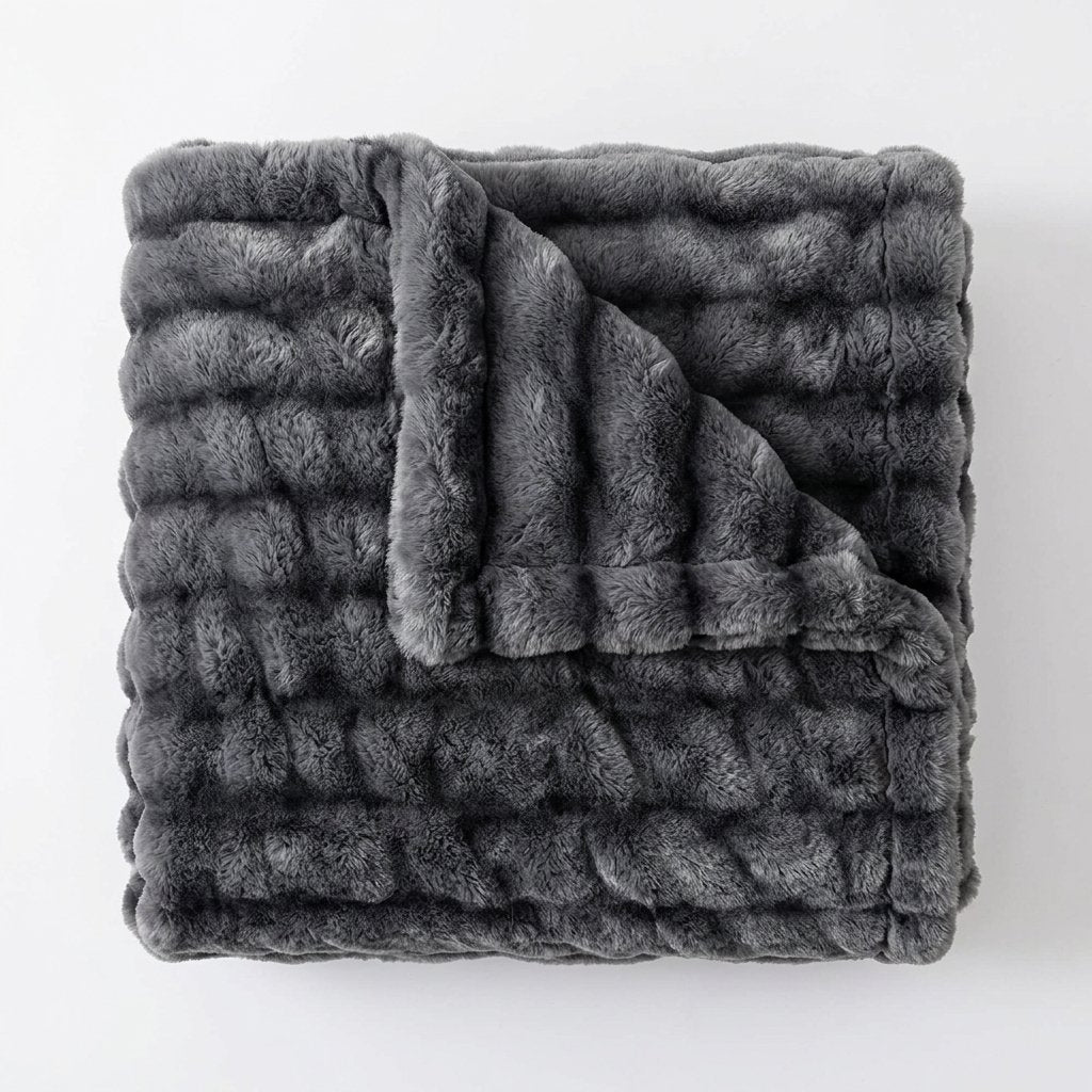 Faux Fur Throw Blanket with Ruched Texture, Ultra-Soft