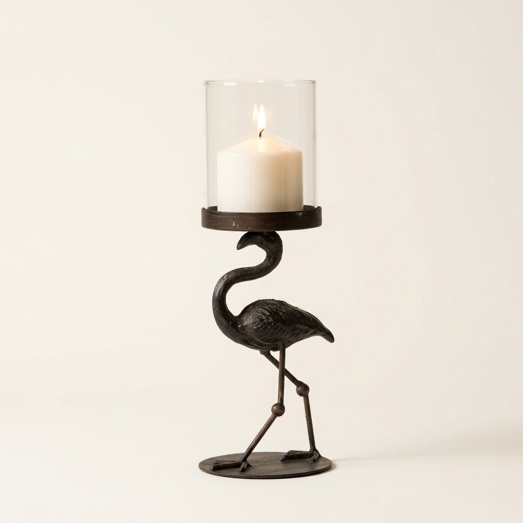Flamingo Hurricane Candle Holder, Dark Iron and Glass