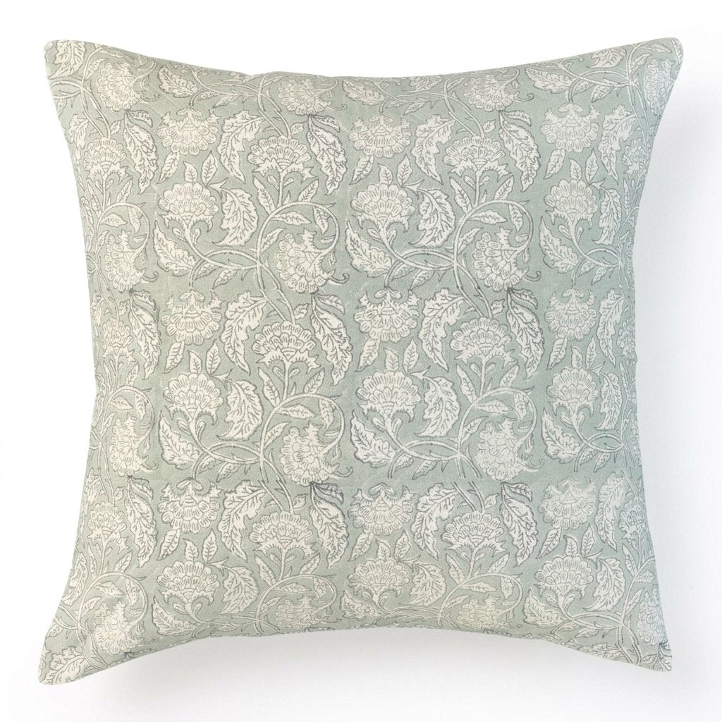 Floral Block-Print Cushion Cover, Soft Sage, 24x24 in