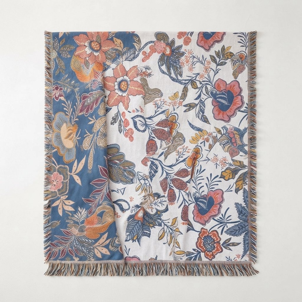 Floral Jacquard Cotton Throw Blanket with Fringe Trim