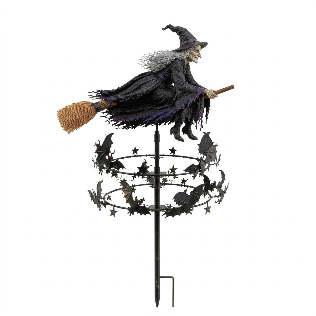 Flying Witch Wind Spinner Garden Stake with Spinning Bat and Star Rings