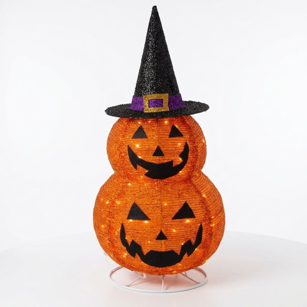 Foldable Light-Up Double Pumpkin Halloween Decoration with 45 LED Lights and Witch Hat, 80 cm